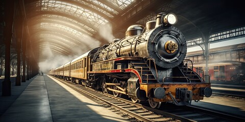 illustration of an ancient steam locomotive, generative AI - obrazy, fototapety, plakaty