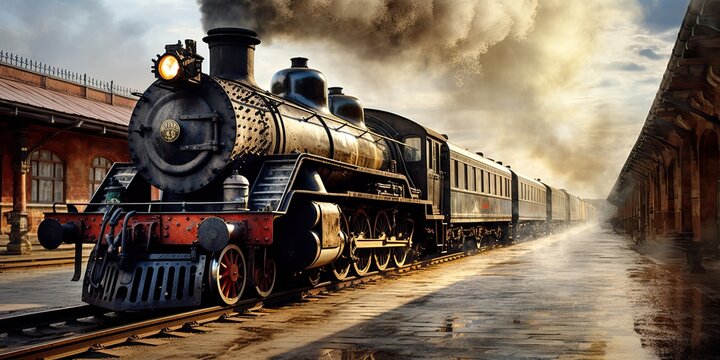 illustration of an ancient steam locomotive, generative AI