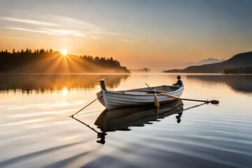 Rowing boat on lake at sunset. Small wooden rowing boat on a calm lake at sunset