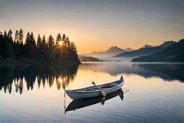 Rowing boat on lake at sunset. Small wooden rowing boat on a calm lake at sunset