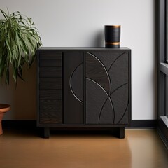 bohemian styled cabinet made with dark wood (Generative AI)