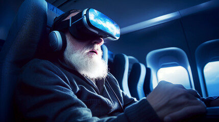 Old Male in VR headset inside a passenger airplane cabin, using virtual reality for leisure during the flight. Banner. Generative Ai content - obrazy, fototapety, plakaty