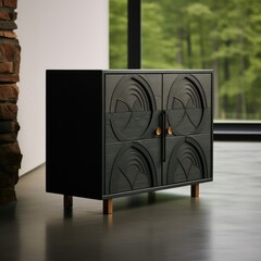 bohemian styled cabinet made with dark wood (Generative AI)