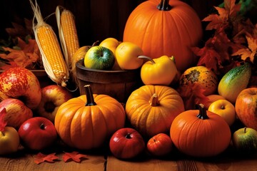 Bountiful harvest produce. Autumn background with pumpkins, apples and other seasonal vegetables. Autumn background.