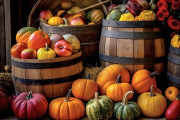 Bountiful harvest produce. Autumn background with pumpkins, apples and other seasonal vegetables. Autumn background.