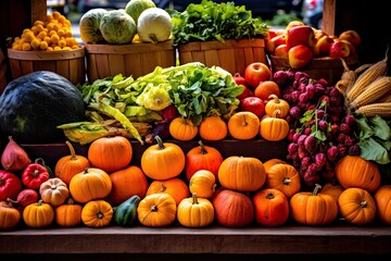 Obraz na płótnie Canvas Bountiful harvest produce. Autumn background with pumpkins, apples and other seasonal vegetables. Autumn background.