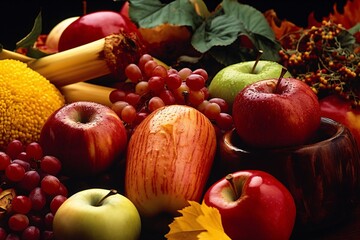 Naklejka na ściany i meble Bountiful harvest produce. Autumn background with pumpkins, apples and other seasonal vegetables. Autumn background.