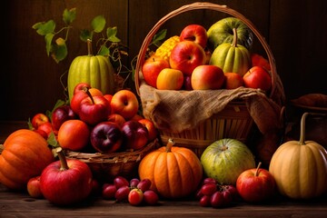 Naklejka na ściany i meble Bountiful harvest produce. Autumn background with pumpkins, apples and other seasonal vegetables. Autumn background. Autumn still life with pumpkins, fruits and vegetables on wooden background. 