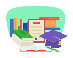 College or university graduation document vector illustration. Diploma, cap, student notes, textbooks and books for studying at academy or school. Education, graduation concept