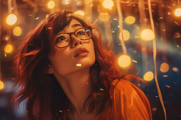 Young Chinese woman with glasses looking up at a string of lights