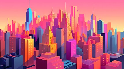 Obraz premium City colorful paint, colored digital, bright iridescent evening sunset