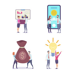 Icons of employees working together vector illustrations set. People interacting in office, analyzing data, using banking app, carrying money bag, sharing ideas. Business, teamwork concept