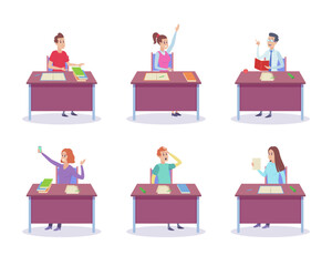 Happy students studying at desk vector illustrations set. Young people raising hand to answer question, reading book, taking selfie with smartphone. Learning classroom, education concept
