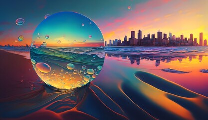 City beach futuristic, colorful paint, colored digital, bright iridescent evening sunset - obrazy, fototapety, plakaty