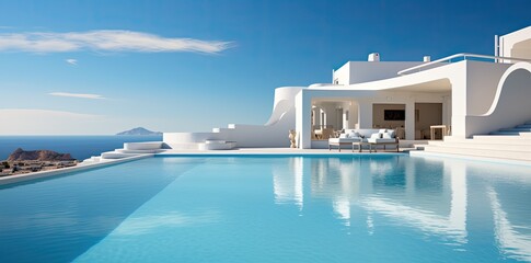 white greek house near the ocean with outdoor swimming pool (Generative AI)