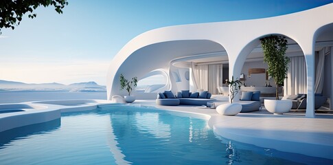 Obraz na płótnie Canvas white greek house near the ocean with outdoor swimming pool (Generative AI)