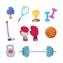 Different sports equipment or elements vector illustrations set. Tennis racket, hockey stick, trophy, dumbbells, boxing gloves, basketball, kettlebell, barbell. Sports, active lifestyle concept