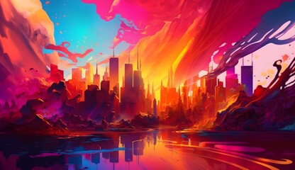 City colorful liquid acrylic paint, colored, bright iridescent evening sunset