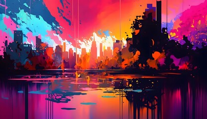Obraz premium City colorful liquid acrylic paint, colored, bright iridescent evening sunset