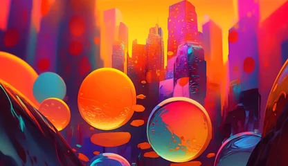 Poster City colorful liquid acrylic paint, colored, bright iridescent evening sunset © bravissimos