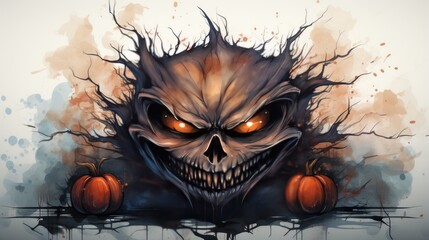 Halloween background with spooky head and pumpkins. Watercolor painting on Halloween