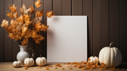 Picture frame mockup with of decorative pumpkins, vase of dry leaf on  table.