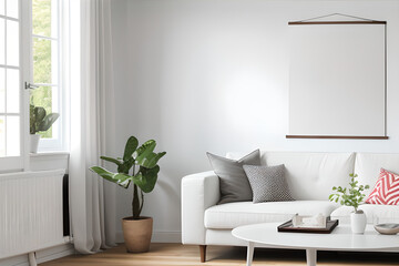 White dining room with a blank poster, couch