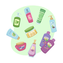 Tubes and bottles of beauty products vector illustrations set. Collection of cartoon drawings of shampoo, balm, sprays, hand or facial creams, face scrub. Beauty, cosmetology, skincare concept