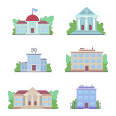 Different public service buildings vector illustrations set. Collection of drawings of facades of bank, court, city hall, hospital, financial institutions. Banking, finances, architecture concept