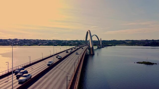Traffic over JK bridge in brasilia on sunset, aerial view