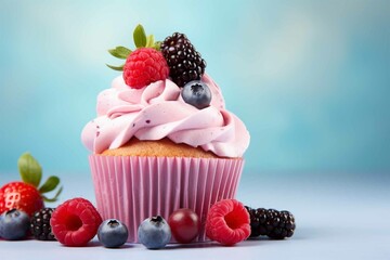 Berry mix cupcake with frosting and fruits on pastel colored background