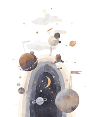 Space rainbow, planets, moon, little bear among the stars. Decor for a children's room. Watercolor illustration.