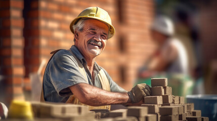 Happy bricklayer installing bricks on construction site. Generative Ai