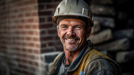 Portrait of Happy bricklayer at construction site. Generative Ai