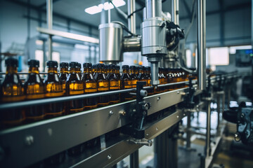 Factory for the production of beer. Brewery conveyor with glass beer drink alcohol bottles, modern production line. Blurred background. Modern production for bottling drinks. Selective focus.