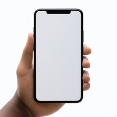Black mobile in hand white screen on white backgoround closeup 