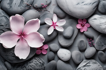 Fototapeta na wymiar Grey stones and pink flowers on clean background, Concept of balance and harmony for spa website