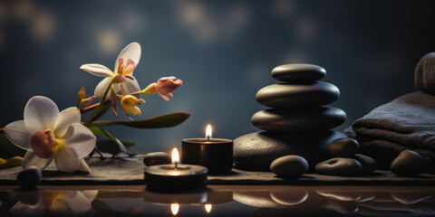 Moody picture of a zen inspired spa scene with candles on a dark background