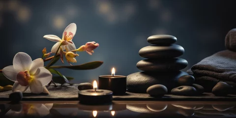 Tuinposter Moody picture of a zen inspired spa scene with candles on a dark background © Maris