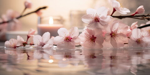 Branch of cherry blossoms dipping in water as concept for relaxing beauty treatments