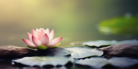 Meditation background with a pink lotus flower and large space for copy or text