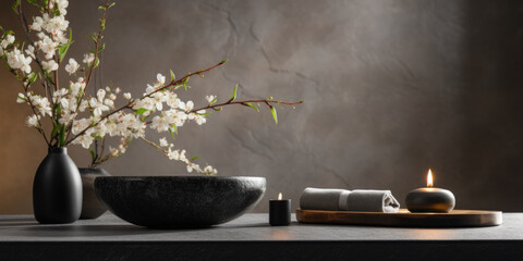 Elegant spa scene with flowers and objects for beauty treatments with natural earth tones