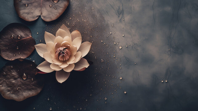 Top view of lotus flowers on a dark moody background for zen inspired spa or wellness treatments