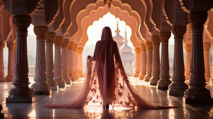 Beautiful woman in sari inside Islam Mosque , fashion model , Created with Generative Ai Technology