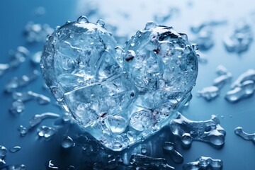 Icy heart. Frozen heart. Heart made of ice. Heart-shaped ice crystals on a blue background. Heart of ice on bokeh background. Valentine's day concept.
