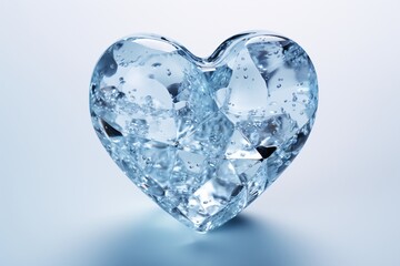 Icy heart. Frozen heart. Heart made of ice. Heart-shaped ice crystals on a blue background. Heart of ice on bokeh background. Valentine's day concept.

