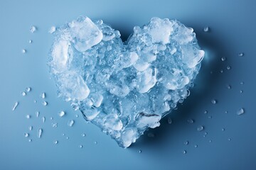 Obraz premium Icy heart. Frozen heart. Heart made of ice. Heart-shaped ice crystals on a blue background. Heart of ice on bokeh background. Valentine's day concept. 
