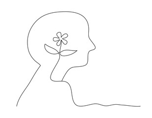 Continuous line art of a person with a flower, mental health concept. Lineart vector illustration.	
