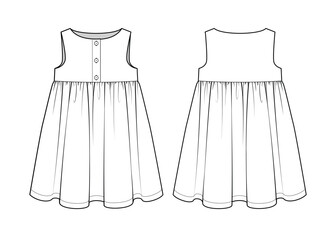 Fashion technical drawing of the sundress for little girls. Fashion flat sketch of A-line silhouette dress for girls.