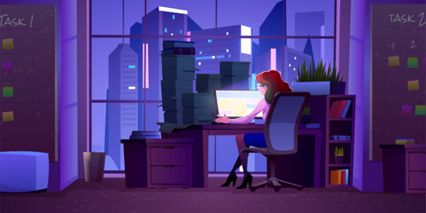 Woman in office with computer on desk at night vector illustration. Busy girl character worker late work with skyscraper city window view. Workplace interior and manager sit with stack documents